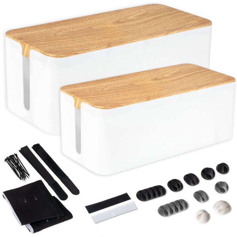 Iron Forge Cable Cable Management Box, 2 Pack - White Cord Organizer with Wood Top - Hider for Wires, Power Strips, Surge Protectors & More - Includes Accessories - Image 1